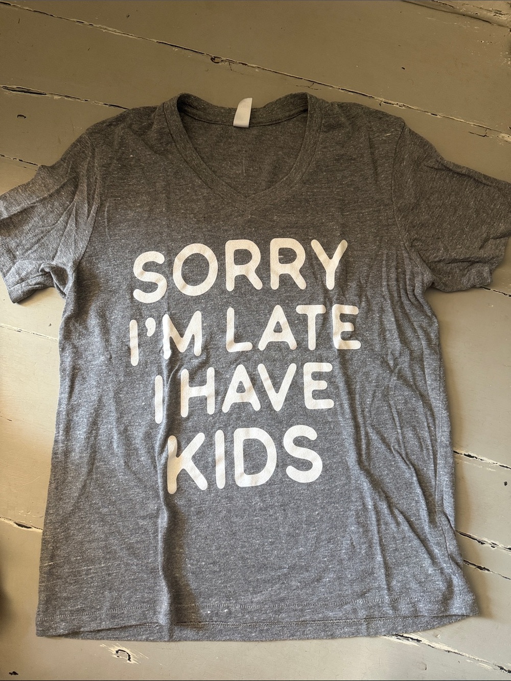 Sweetees Gray V‑Neck Tee with White Bold Text